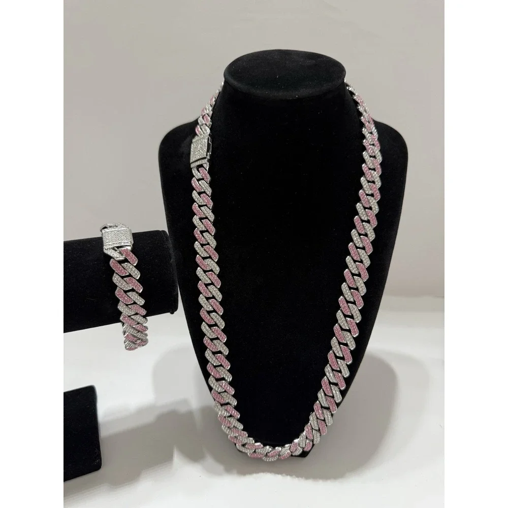 pink iced out cuban necklace & bracelet, you get both, sizes 24 & 8 Inch, 14mm